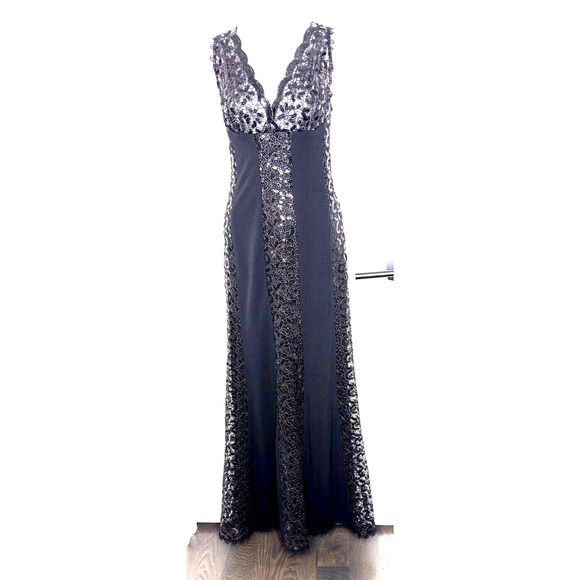 Nicole Bakti Black Gown Maxi Sequined Lace Panels Jersey Wedding Prom MOB S - Picture 7 of 10